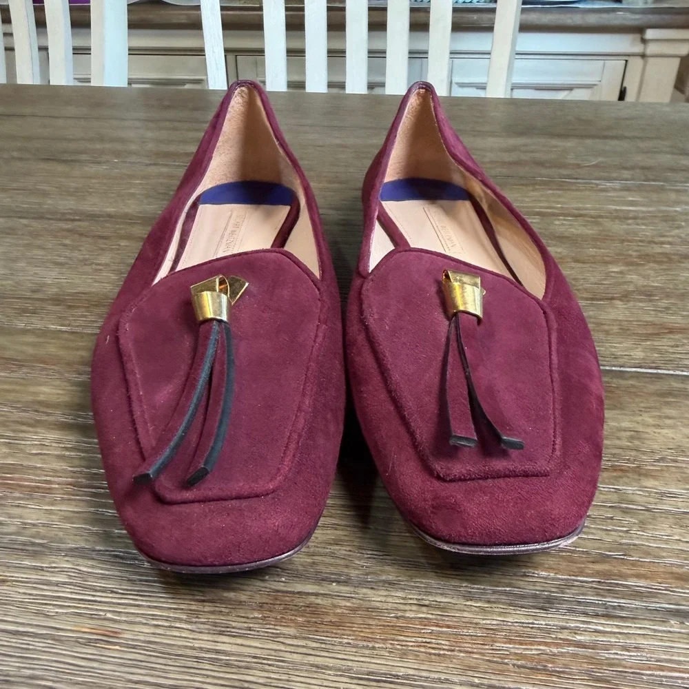 Stuart Weitzman Burgundy Suede Square Toe Tassel Loafer Flats CIYW 36619 Size 9M